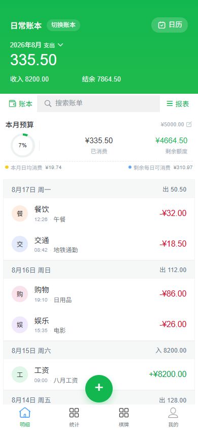 最新版懒人记账首页，展示预算、收入支出和账单明细